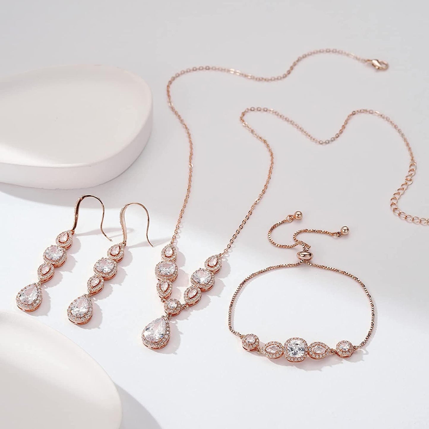 3 Pack Cubic Zirconia Bridal Jewelry Sets for Wedding, Crystal Necklace Dangle Earring Bracelet Jewelry Sets for Women, Prom Costume Jewelry Gifts