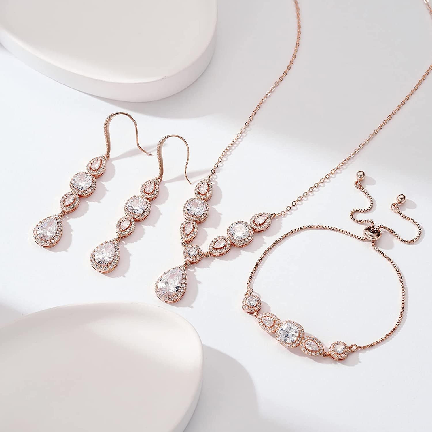 3 Pack Cubic Zirconia Bridal Jewelry Sets for Wedding, Crystal Necklace Dangle Earring Bracelet Jewelry Sets for Women, Prom Costume Jewelry Gifts