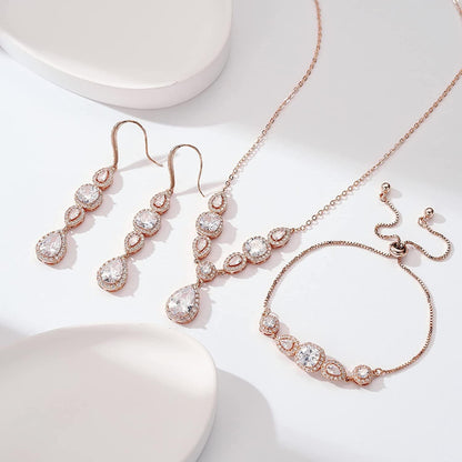 3 Pack Cubic Zirconia Bridal Jewelry Sets for Wedding, Crystal Necklace Dangle Earring Bracelet Jewelry Sets for Women, Prom Costume Jewelry Gifts