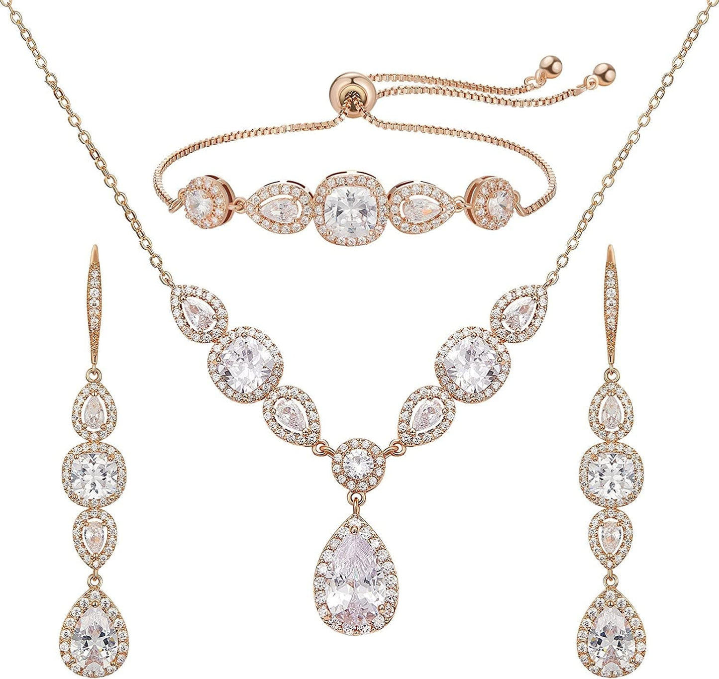 3 Pack Cubic Zirconia Bridal Jewelry Sets for Wedding, Crystal Necklace Dangle Earring Bracelet Jewelry Sets for Women, Prom Costume Jewelry Gifts 02.Rose Gold