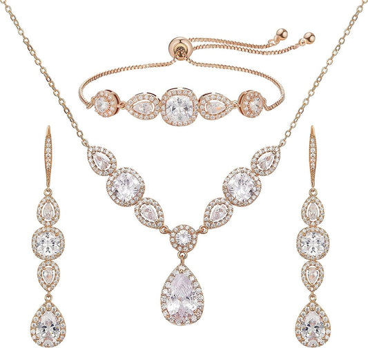 3 Pack Cubic Zirconia Bridal Jewelry Sets for Wedding, Crystal Necklace Dangle Earring Bracelet Jewelry Sets for Women, Prom Costume Jewelry Gifts 02.Rose Gold