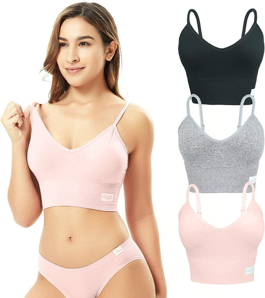 3 Pack Longline Sports Bra for Women- Soft Wireless Bra, Padded Seamless Bralette, Stretch Crop Cami Tank S-XXL Blush/Heather/Black / XX-Large