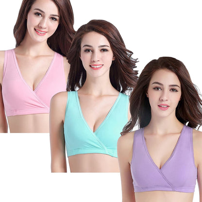 3 Pack Maternity Nursing Sleep Bra Breastfeeding Cotton Bralette Mint Green/Pink/Lavender / Medium