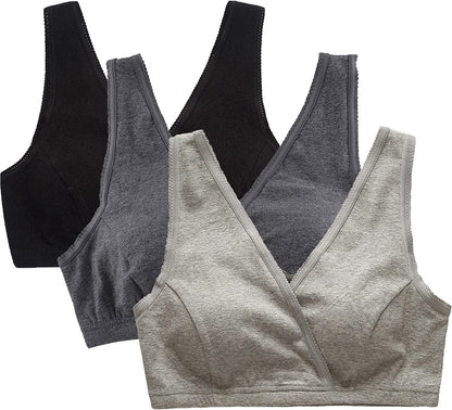 3 Pack Maternity Nursing Sleep Bra Breastfeeding Cotton Bralette Black/Gray/Dark Grey / Large