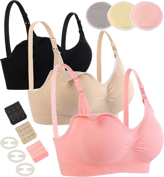 3 Pack Nursing Bra Seamless Breastfeeding Bras with Extra Washable Nursing Pad Maternity Sleep Bralette for Women Multicoloured / Medium