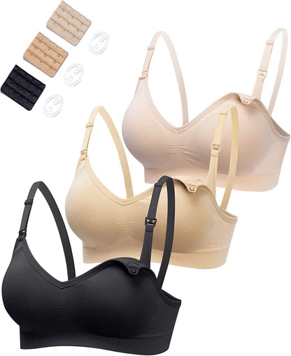 3 Pack Seamless Clip down Deep V Neck Push up Nursing Bra Maternity Bras 3PACK Inlcuding Extenders & Clips 3pack:black Beige Nude / Medium