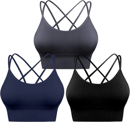 3 Pack Strappy Sports Bra for Women Sexy Crisscross for Yoga Running Athletic Gym Workout Fitness Tank Tops 3 Pack-black+grey+navy Blue / Small