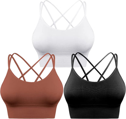 3 Pack Strappy Sports Bra for Women Sexy Crisscross for Yoga Running Athletic Gym Workout Fitness Tank Tops 3 Pack-black+white+bronze / X-Large