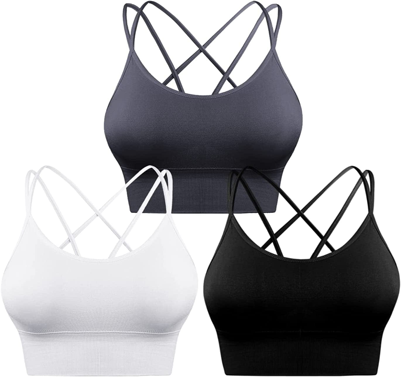 3 Pack Strappy Sports Bra for Women Sexy Crisscross for Yoga Running Athletic Gym Workout Fitness Tank Tops 3 Pack-black+white+grey / XX-Large