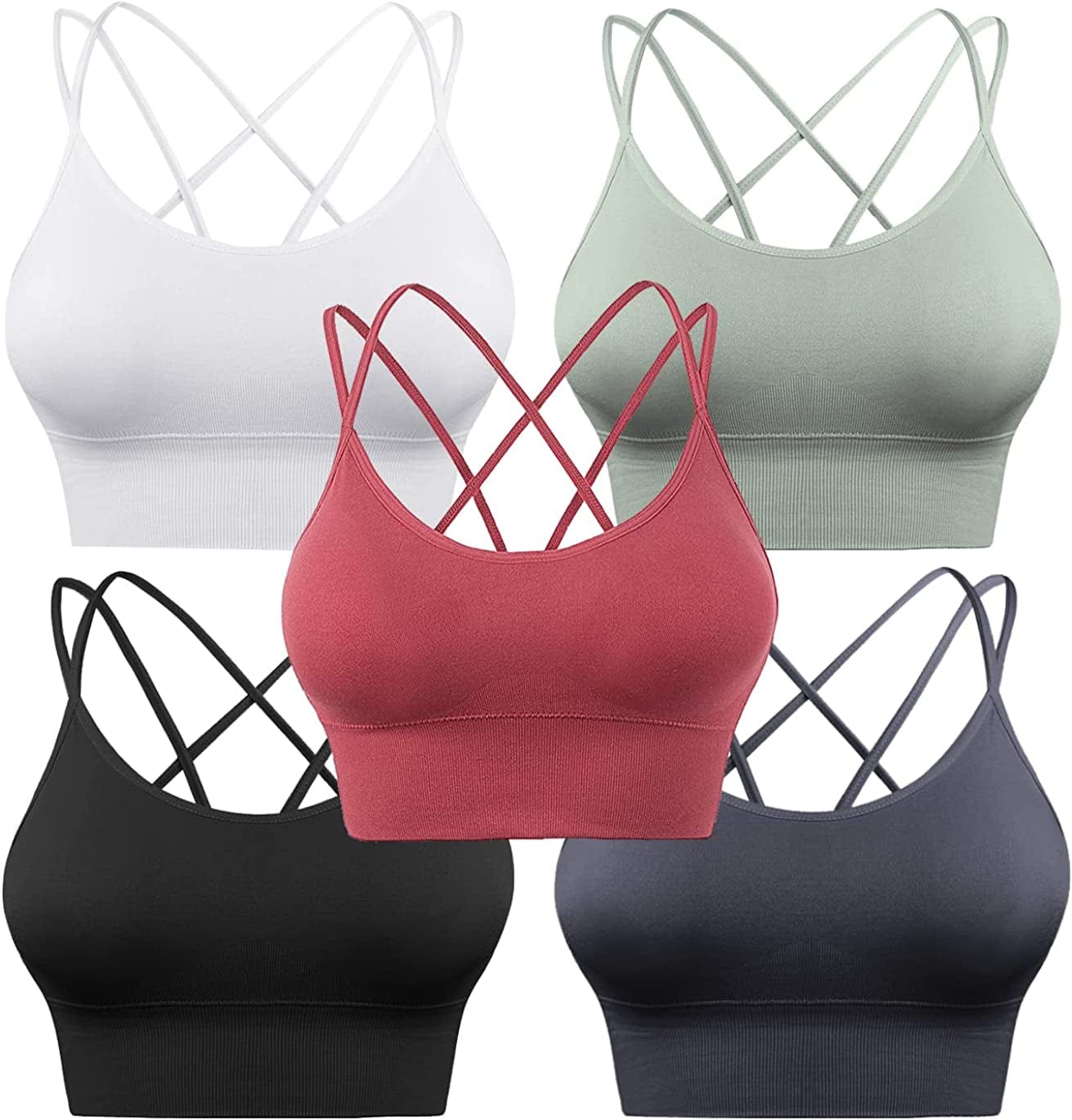 3 Pack Strappy Sports Bra for Women Sexy Crisscross for Yoga Running Athletic Gym Workout Fitness Tank Tops 5 Pack-black+white+grey+green+red / XX-Large
