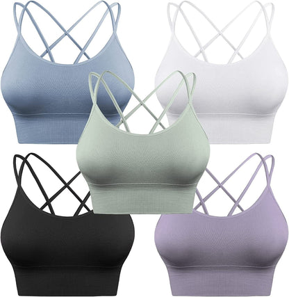 3 Pack Strappy Sports Bra for Women Sexy Crisscross for Yoga Running Athletic Gym Workout Fitness Tank Tops 5 Pack-black+white+blue+green+purple / Large