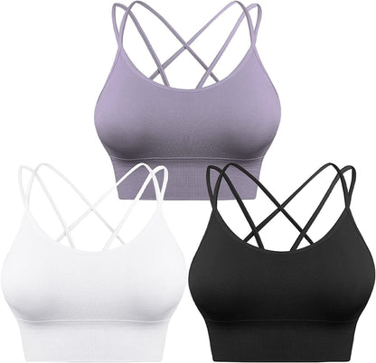 3 Pack Strappy Sports Bra for Women Sexy Crisscross for Yoga Running Athletic Gym Workout Fitness Tank Tops 3 Pack-black+white+purple / Large