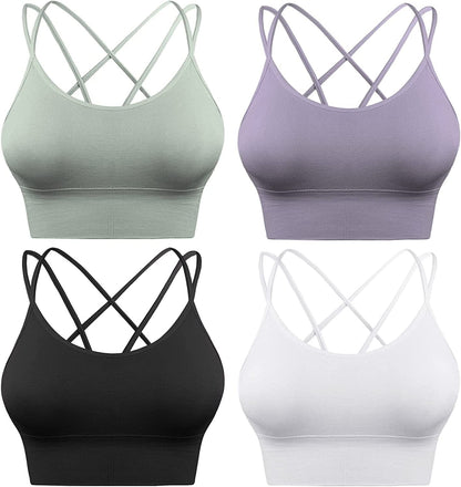 3 Pack Strappy Sports Bra for Women Sexy Crisscross for Yoga Running Athletic Gym Workout Fitness Tank Tops 4 Pack-black+white+green+purple / Small