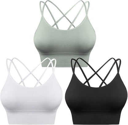 3 Pack Strappy Sports Bra for Women Sexy Crisscross for Yoga Running Athletic Gym Workout Fitness Tank Tops 3 Pack-black+white+green / Small