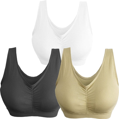 3 Pack Women'S Ultimate Comfy Medium Support Seamless Wireless Sports Bra with Removable Pads Black-white-beige / X-Large