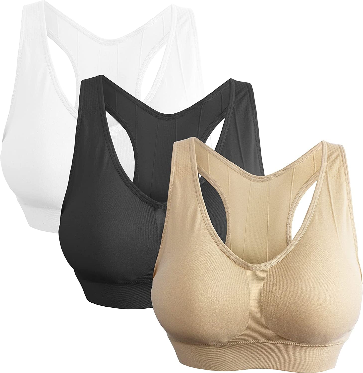 3 Pack Women'S Ultimate Comfy Medium Support Seamless Wireless Sports Bra with Removable Pads White-beige-black / 6X