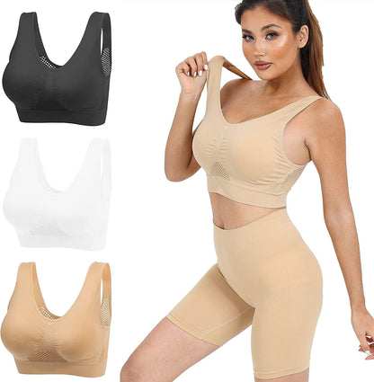 3 Pack Women'S Ultimate Comfy Medium Support Seamless Wireless Sports Bra with Removable Pads
