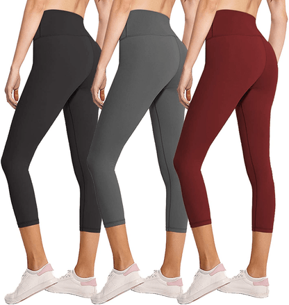 3 Pack Womens Leggings-No See-Through High Waisted Tummy Control Yoga Pants Workout Running Legging-Reg&Plus Size Apparel & Accessories > Clothing > Activewear FULLSOFT 3 Pack Capri Black, Dark Grey, Wine Small-Medium 