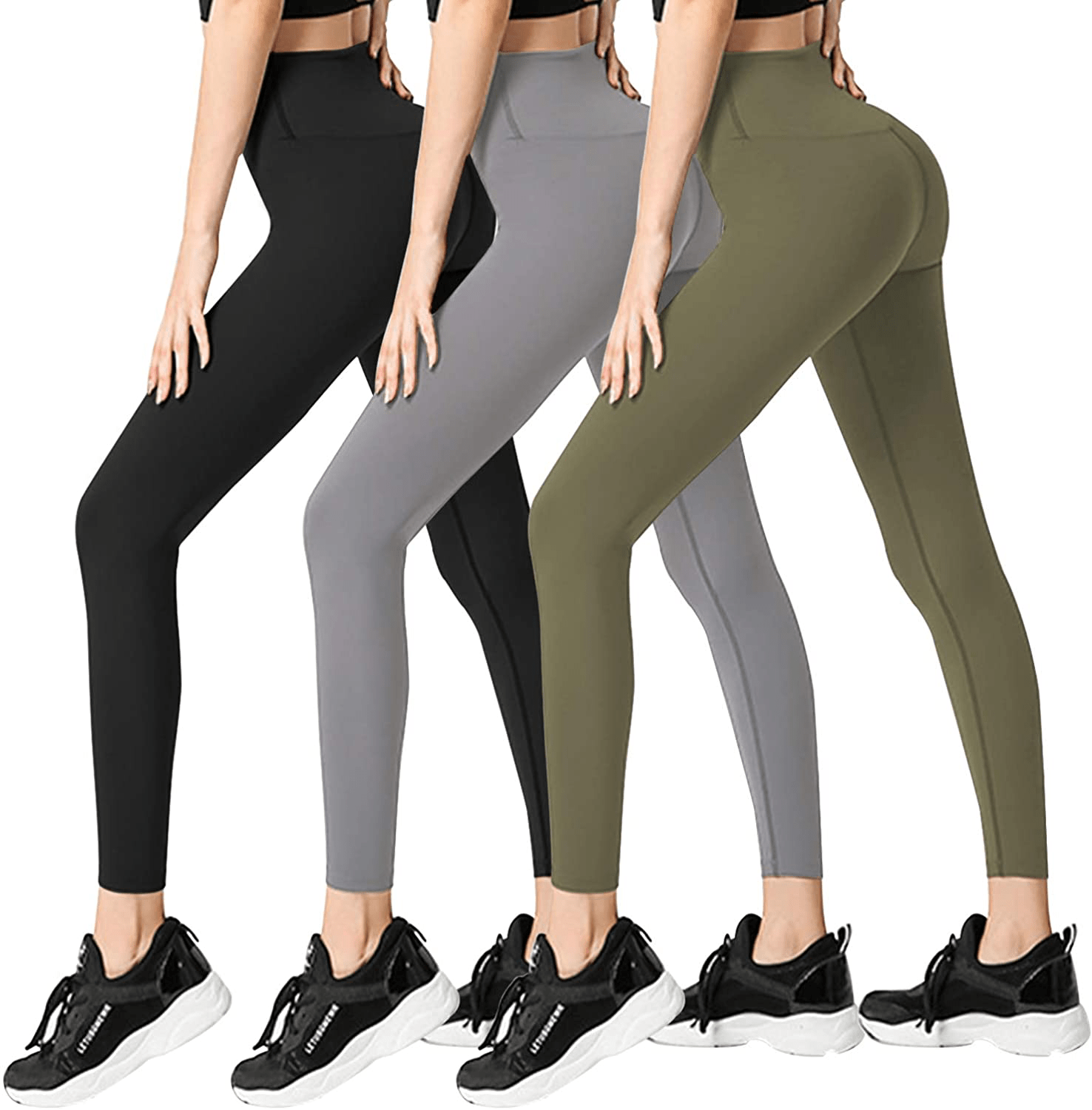 3 Pack Womens Leggings-No See-Through High Waisted Tummy Control Yoga Pants Workout Running Legging-Reg&Plus Size Apparel & Accessories > Clothing > Activewear FULLSOFT 3 Pack Black, Light Grey, Olive Large-X-Large 