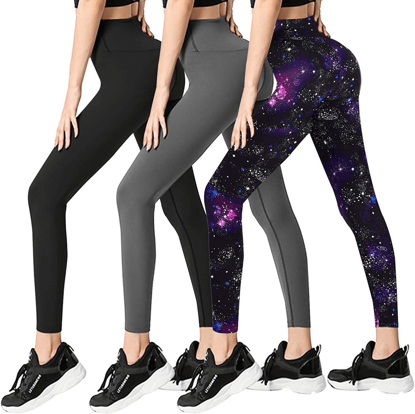 3 Pack Womens Leggings-No See-Through High Waisted Tummy Control Yoga Pants Workout Running Legging-Reg&Plus Size Apparel & Accessories > Clothing > Activewear FULLSOFT 3 Pack Black,grey,stars Small-Medium 