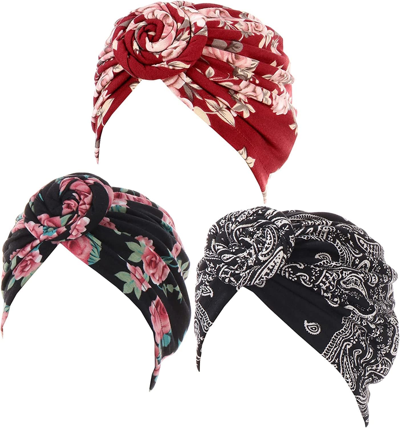 3 Pack Womens Printed Turban Hat Head Wraps Covers Chemo Cancer Beanies Cap Headwear Apparel & Accessories > Clothing Accessories > Headwear Qiabao 3 Pcs-l  