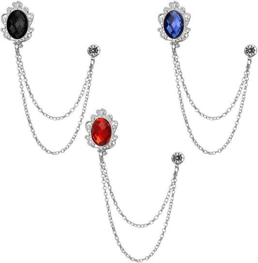 3 Packs Men'S Gem Brooch Lapel Pin Badge Hanging Chains Collar Brooches Pin for Career Suit Tuxedo of Shirts Tie Hat Scarf for Boyfriend Father Birthday Gift, Silver Black Red Blue