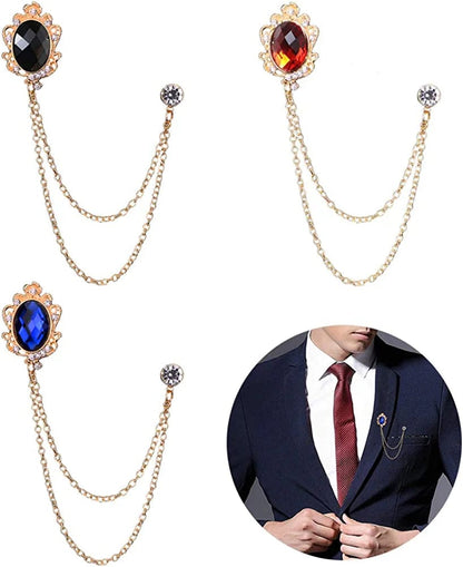 3 Packs Men'S Gem Brooch Lapel Pin Badge Hanging Chains Collar Brooches Pin for Career Suit Tuxedo of Shirts Tie Hat Scarf for Boyfriend Father Birthday Holiday Gift Black/Red/Blue
