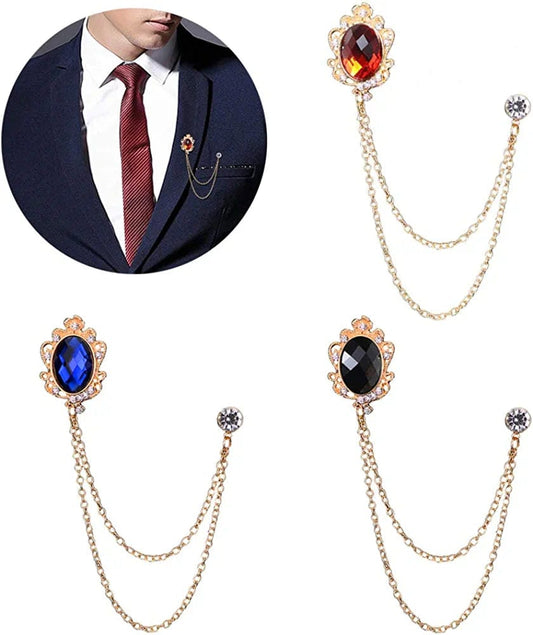 3 Packs Men'S Gem Brooch Lapel Pin Badge Hanging Chains Collar Brooches Pin for Career Suit Tuxedo of Shirts Tie Hat Scarf for Boyfriend Father Birthday Holiday Gift Black/Red/Blue