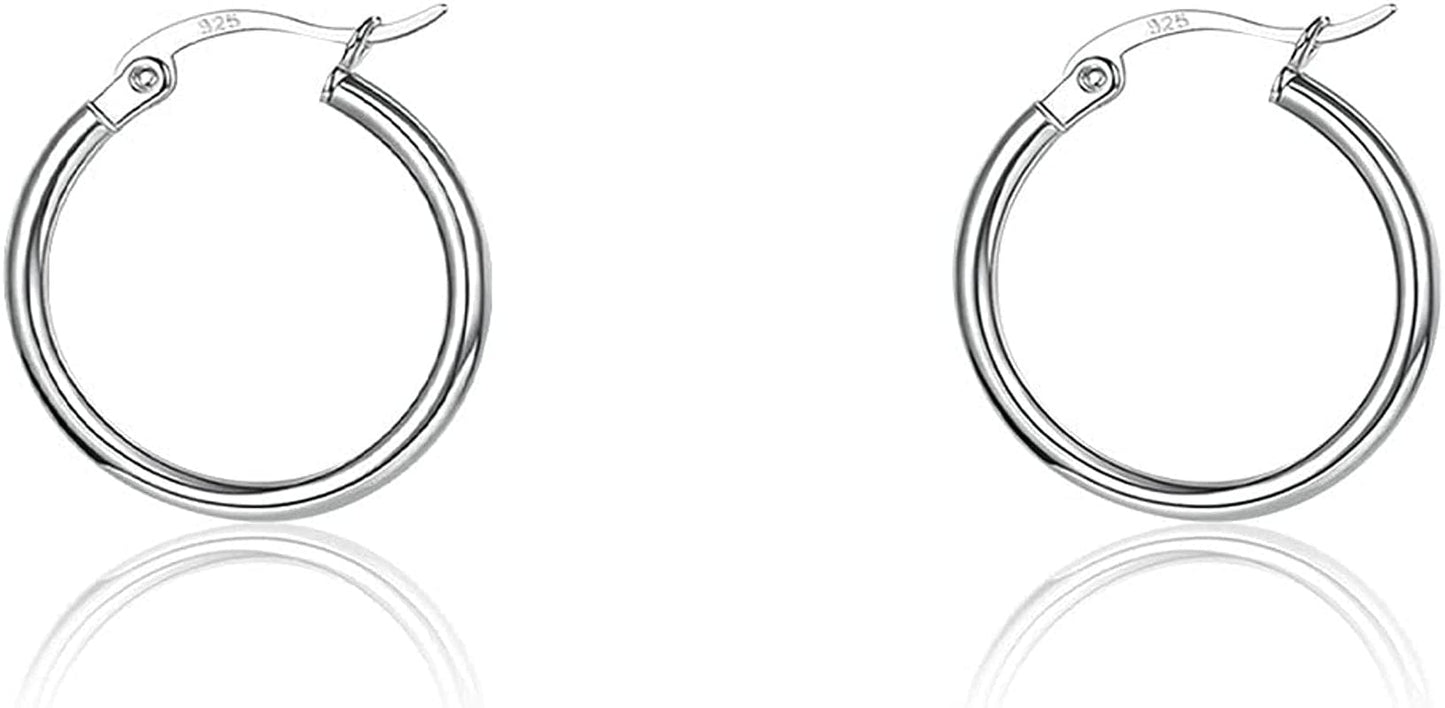 3 Pairs 925 Sterling Silver Hoop Earrings | Small White Gold Plated Hoop Earrings for Women Girls (13Mm,15Mm,20Mm，25Mm,30Mm,40Mm,50Mm,60Mm) t-Silver-1 pair 15mm