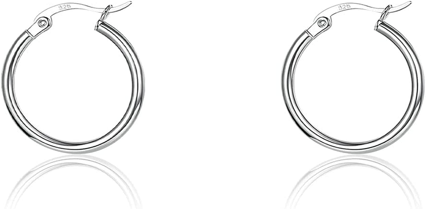 3 Pairs 925 Sterling Silver Hoop Earrings | Small White Gold Plated Hoop Earrings for Women Girls (13Mm,15Mm,20Mm，25Mm,30Mm,40Mm,50Mm,60Mm) t-Silver-1 pair 15mm