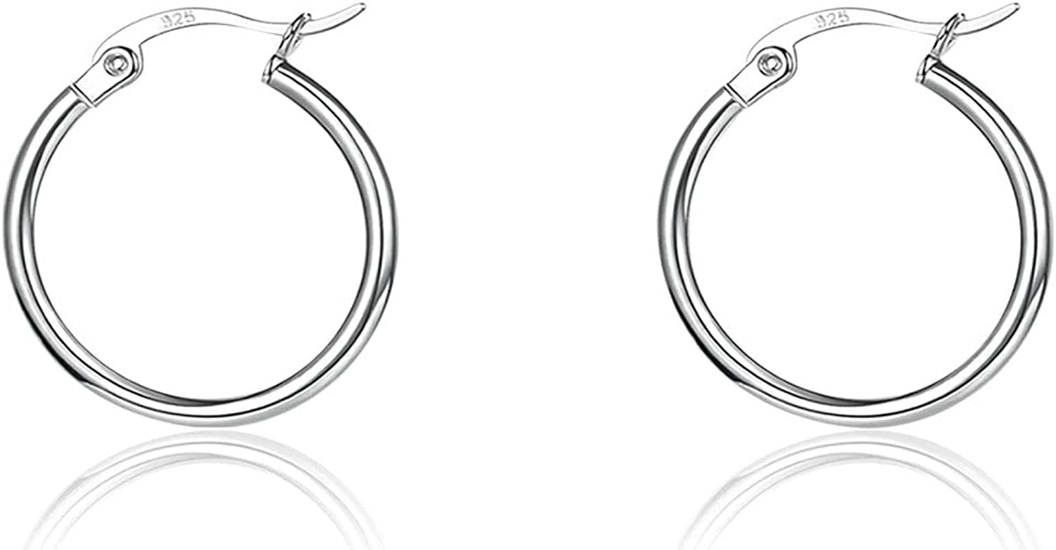 3 Pairs 925 Sterling Silver Hoop Earrings | Small White Gold Plated Hoop Earrings for Women Girls (13Mm,15Mm,20Mm，25Mm,30Mm,40Mm,50Mm,60Mm) u-Silver-1 pair 20mm