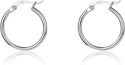 3 Pairs 925 Sterling Silver Hoop Earrings | Small White Gold Plated Hoop Earrings for Women Girls (13Mm,15Mm,20Mm，25Mm,30Mm,40Mm,50Mm,60Mm) u-Silver-1 pair 20mm