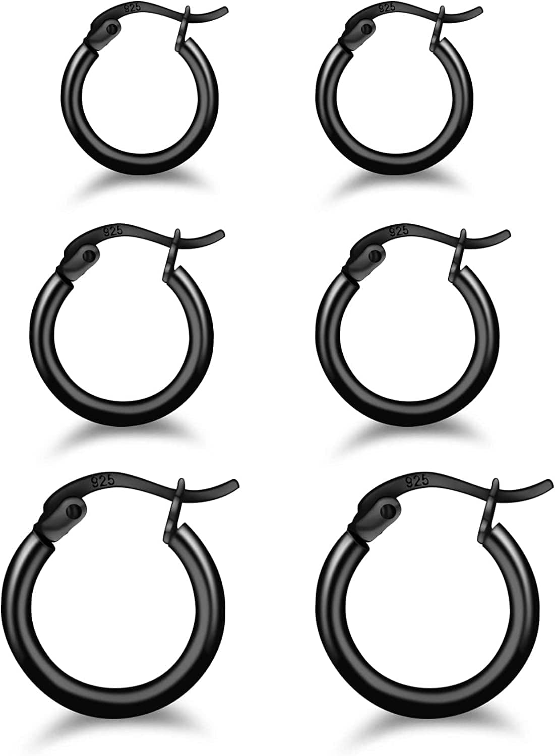 3 Pairs 925 Sterling Silver Hoop Earrings | Small White Gold Plated Hoop Earrings for Women Girls (13Mm,15Mm,20Mm，25Mm,30Mm,40Mm,50Mm,60Mm) q-Black-13/15/20mm