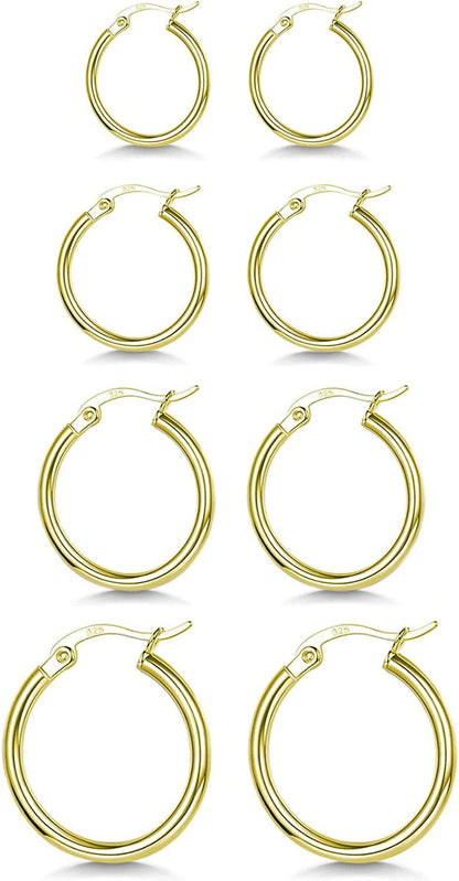3 Pairs 925 Sterling Silver Hoop Earrings | Small White Gold Plated Hoop Earrings for Women Girls (13Mm,15Mm,20Mm，25Mm,30Mm,40Mm,50Mm,60Mm) f-Gold-13/15/20/25mm