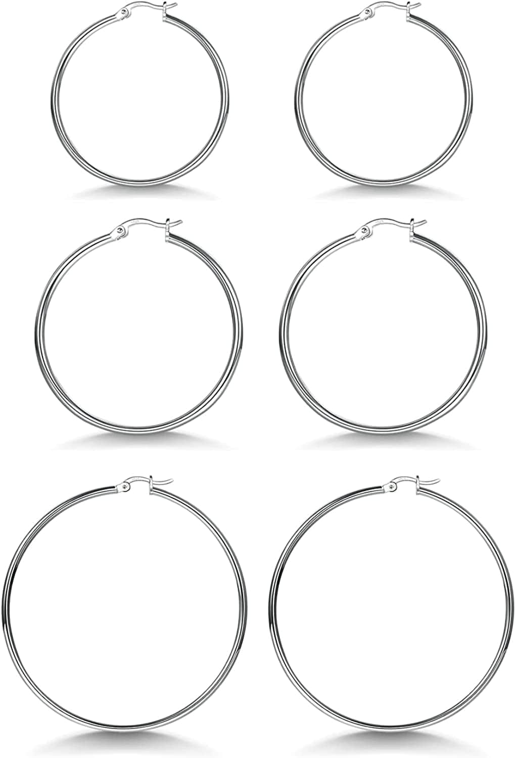 3 Pairs 925 Sterling Silver Hoop Earrings | Small White Gold Plated Hoop Earrings for Women Girls (13Mm,15Mm,20Mm，25Mm,30Mm,40Mm,50Mm,60Mm) j-Silver-25/30/40mm