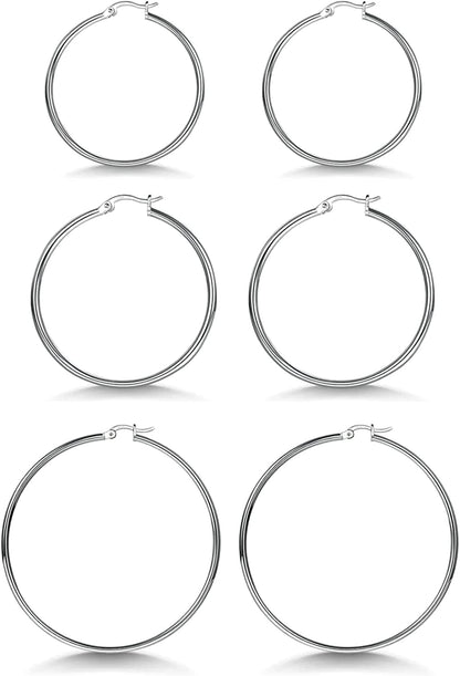 3 Pairs 925 Sterling Silver Hoop Earrings | Small White Gold Plated Hoop Earrings for Women Girls (13Mm,15Mm,20Mm，25Mm,30Mm,40Mm,50Mm,60Mm) j-Silver-25/30/40mm