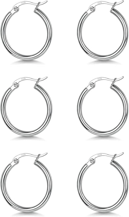 3 Pairs 925 Sterling Silver Hoop Earrings | Small White Gold Plated Hoop Earrings for Women Girls (13Mm,15Mm,20Mm，25Mm,30Mm,40Mm,50Mm,60Mm) b-Silver-13mm*3