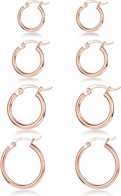 3 Pairs 925 Sterling Silver Hoop Earrings | Small White Gold Plated Hoop Earrings for Women Girls (13Mm,15Mm,20Mm，25Mm,30Mm,40Mm,50Mm,60Mm) p-Rose Gold-13/15/20/25mm