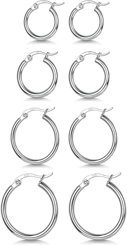 3 Pairs 925 Sterling Silver Hoop Earrings | Small White Gold Plated Hoop Earrings for Women Girls (13Mm,15Mm,20Mm，25Mm,30Mm,40Mm,50Mm,60Mm) e-Silver-13/15/20/25mm