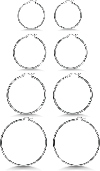 3 Pairs 925 Sterling Silver Hoop Earrings | Small White Gold Plated Hoop Earrings for Women Girls (13Mm,15Mm,20Mm，25Mm,30Mm,40Mm,50Mm,60Mm) m-Silver-15/20/25/30mm