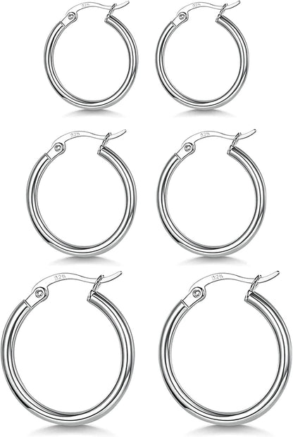 3 Pairs 925 Sterling Silver Hoop Earrings | Small White Gold Plated Hoop Earrings for Women Girls (13Mm,15Mm,20Mm，25Mm,30Mm,40Mm,50Mm,60Mm) g-Silver-15/20/25mm