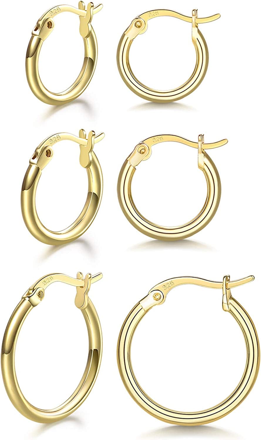 3 Pairs 925 Sterling Silver Hoop Earrings | Small White Gold Plated Hoop Earrings for Women Girls (13Mm,15Mm,20Mm，25Mm,30Mm,40Mm,50Mm,60Mm) d-Gold-13/15/20mm