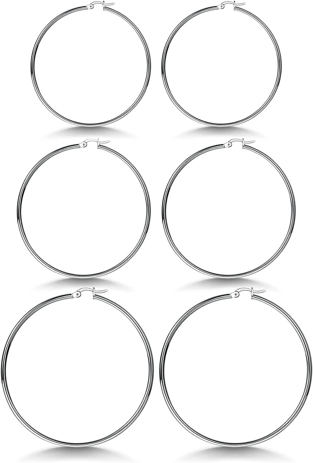 3 Pairs 925 Sterling Silver Hoop Earrings | Small White Gold Plated Hoop Earrings for Women Girls (13Mm,15Mm,20Mm，25Mm,30Mm,40Mm,50Mm,60Mm) l-Silver-40/50/60mm