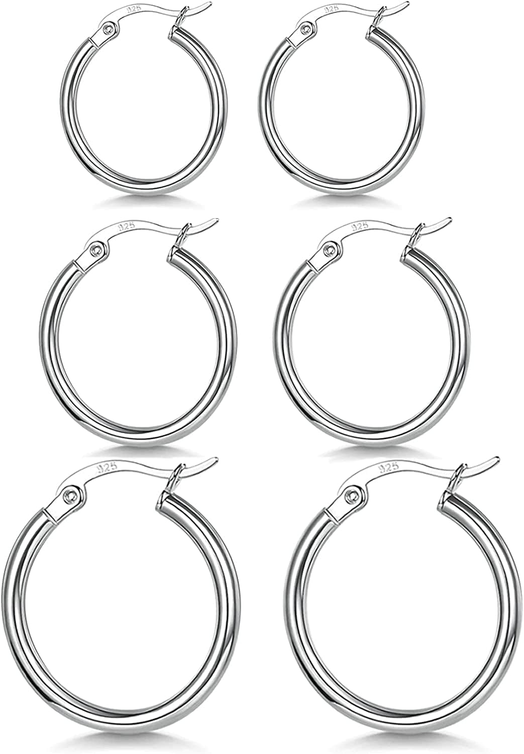 3 Pairs 925 Sterling Silver Hoop Earrings | Small White Gold Plated Hoop Earrings for Women Girls (13Mm,15Mm,20Mm，25Mm,30Mm,40Mm,50Mm,60Mm) h-Silver-20/25/30mm