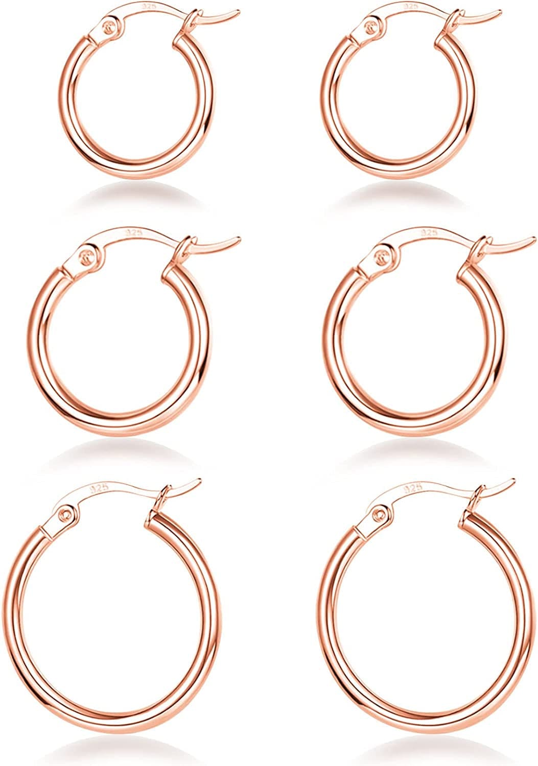 3 Pairs 925 Sterling Silver Hoop Earrings | Small White Gold Plated Hoop Earrings for Women Girls (13Mm,15Mm,20Mm，25Mm,30Mm,40Mm,50Mm,60Mm) o-Rose Gold-13//15/20mm
