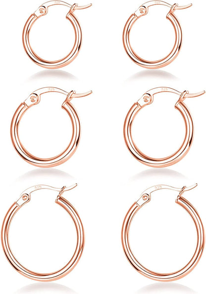 3 Pairs 925 Sterling Silver Hoop Earrings | Small White Gold Plated Hoop Earrings for Women Girls (13Mm,15Mm,20Mm，25Mm,30Mm,40Mm,50Mm,60Mm) o-Rose Gold-13//15/20mm