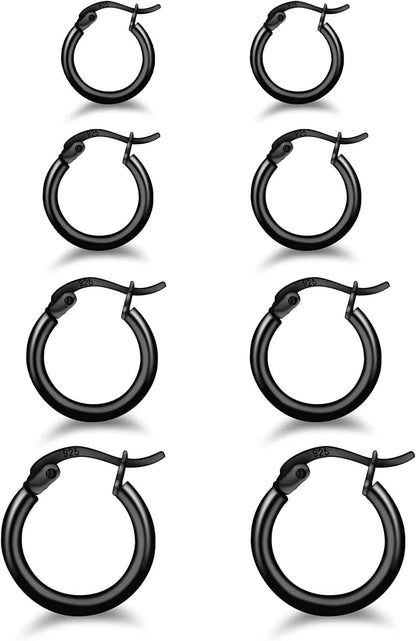3 Pairs 925 Sterling Silver Hoop Earrings | Small White Gold Plated Hoop Earrings for Women Girls (13Mm,15Mm,20Mm，25Mm,30Mm,40Mm,50Mm,60Mm) r-Black-13/15/20/25mm