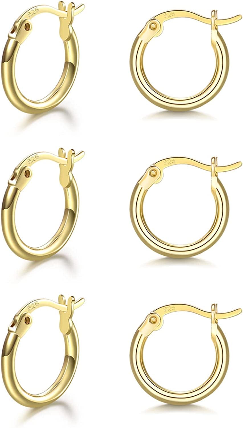 3 Pairs 925 Sterling Silver Hoop Earrings | Small White Gold Plated Hoop Earrings for Women Girls (13Mm,15Mm,20Mm，25Mm,30Mm,40Mm,50Mm,60Mm) c-Gold-13mm*3