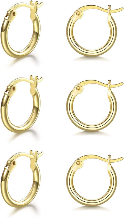 3 Pairs 925 Sterling Silver Hoop Earrings | Small White Gold Plated Hoop Earrings for Women Girls (13Mm,15Mm,20Mm，25Mm,30Mm,40Mm,50Mm,60Mm) c-Gold-13mm*3