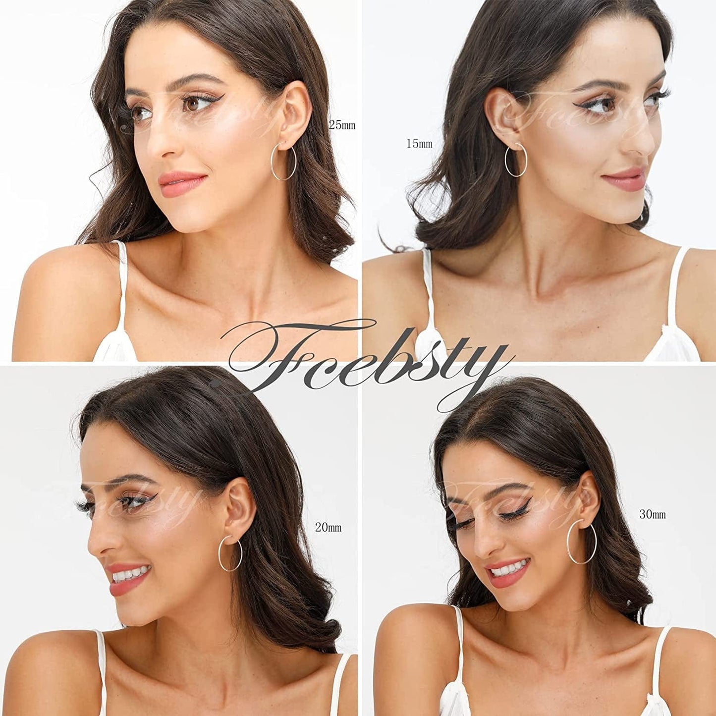 3 Pairs 925 Sterling Silver Hoop Earrings | Small White Gold Plated Hoop Earrings for Women Girls (13Mm,15Mm,20Mm，25Mm,30Mm,40Mm,50Mm,60Mm)
